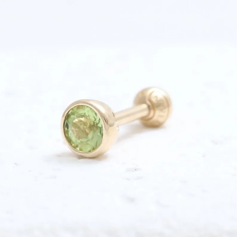 14K 18K Solid Gold 0.25ct Genuine Peridot Bezel Cartilage Tragus Helix Piercing