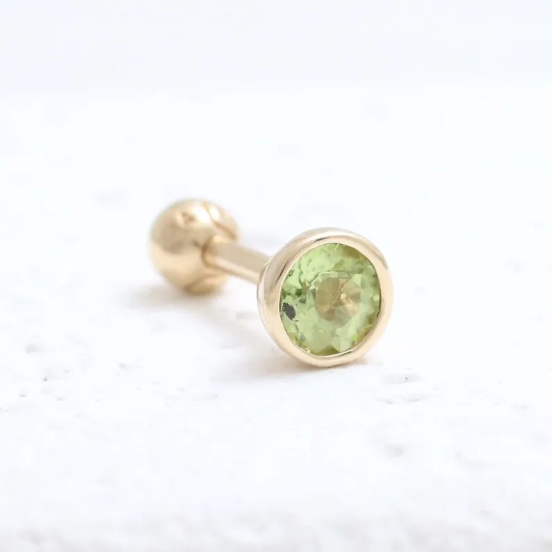 14K 18K Solid Gold 0.25ct Genuine Peridot Bezel Cartilage Tragus Helix Piercing