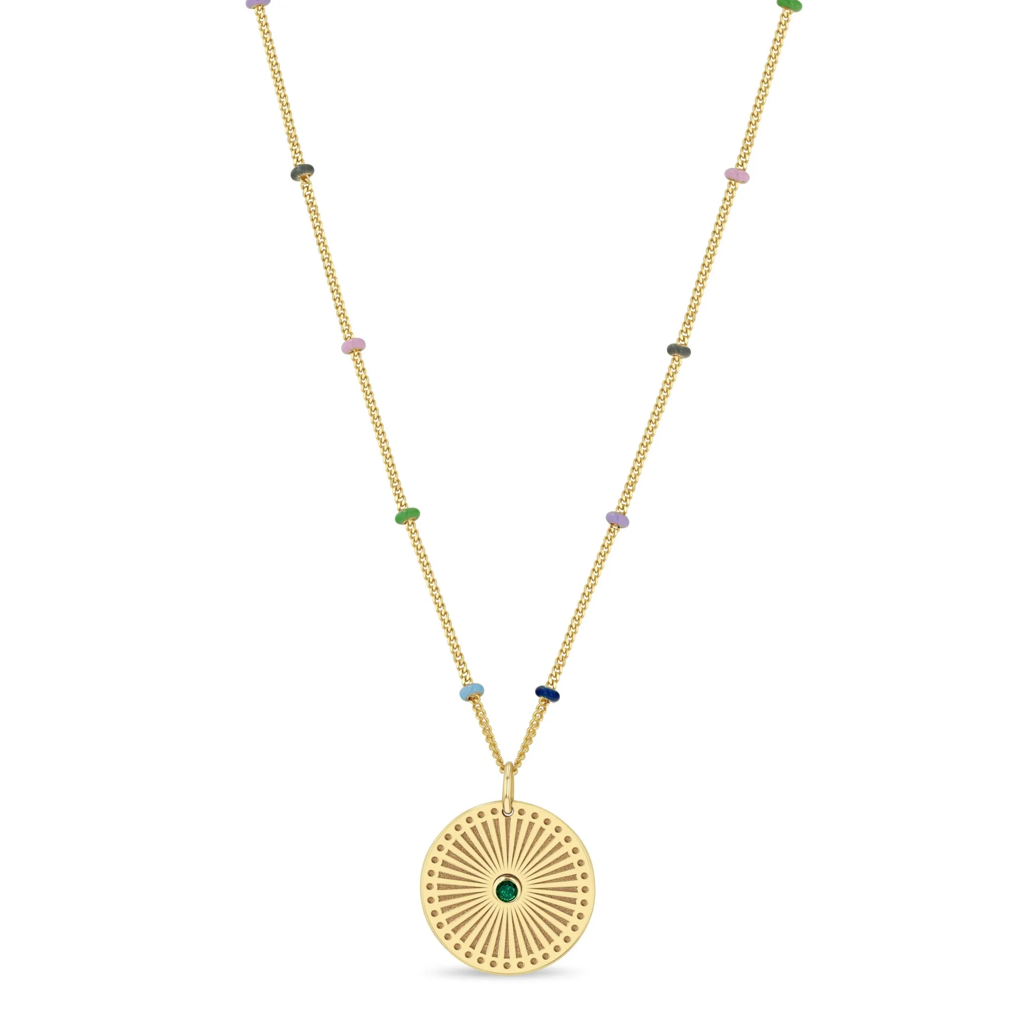 14k Gold Emerald Sunbeam Medallion Multicolor Satellite Chain Necklace