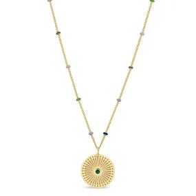 14k Gold Emerald Sunbeam Medallion Multicolor Satellite Chain Necklace