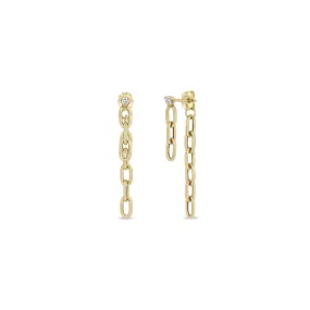 14k Prong Diamond Medium Square Oval Chain Double Drop Earrings