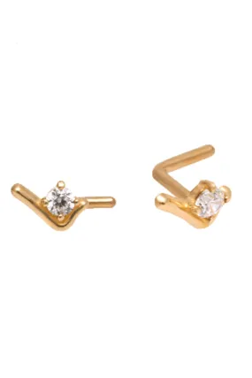 14K Solid Gold 20g Cz Solitaire V Curve Line Nose Stud Piercing