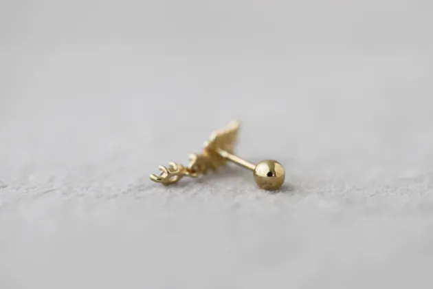 14K Solid Gold Cz Leaf Bar Tragus Cartilage Helix Conch Earring Barbell Piercing Stud