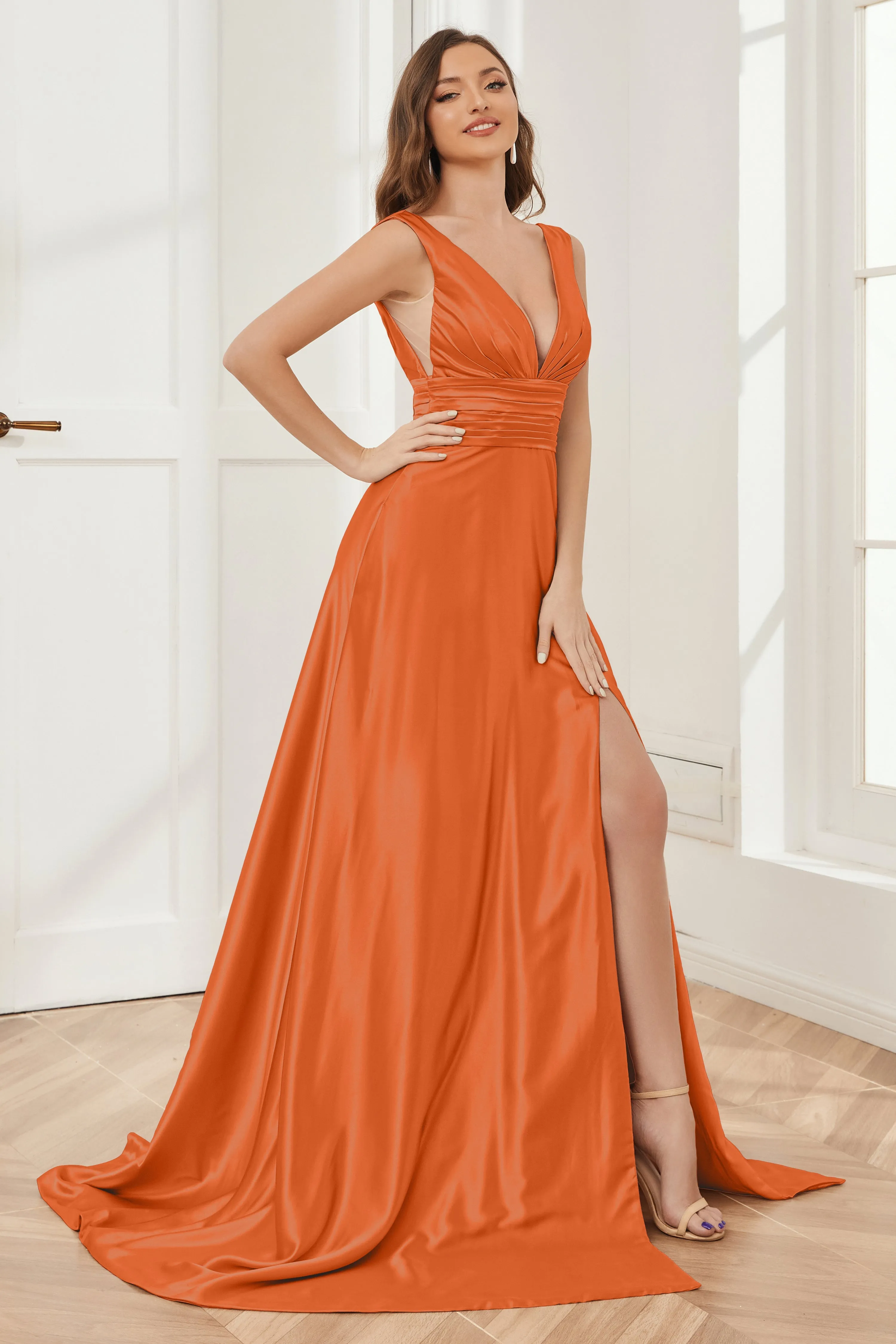 A-line V-neck Sleeveless Soft Satin Long Bridesmaid Dress