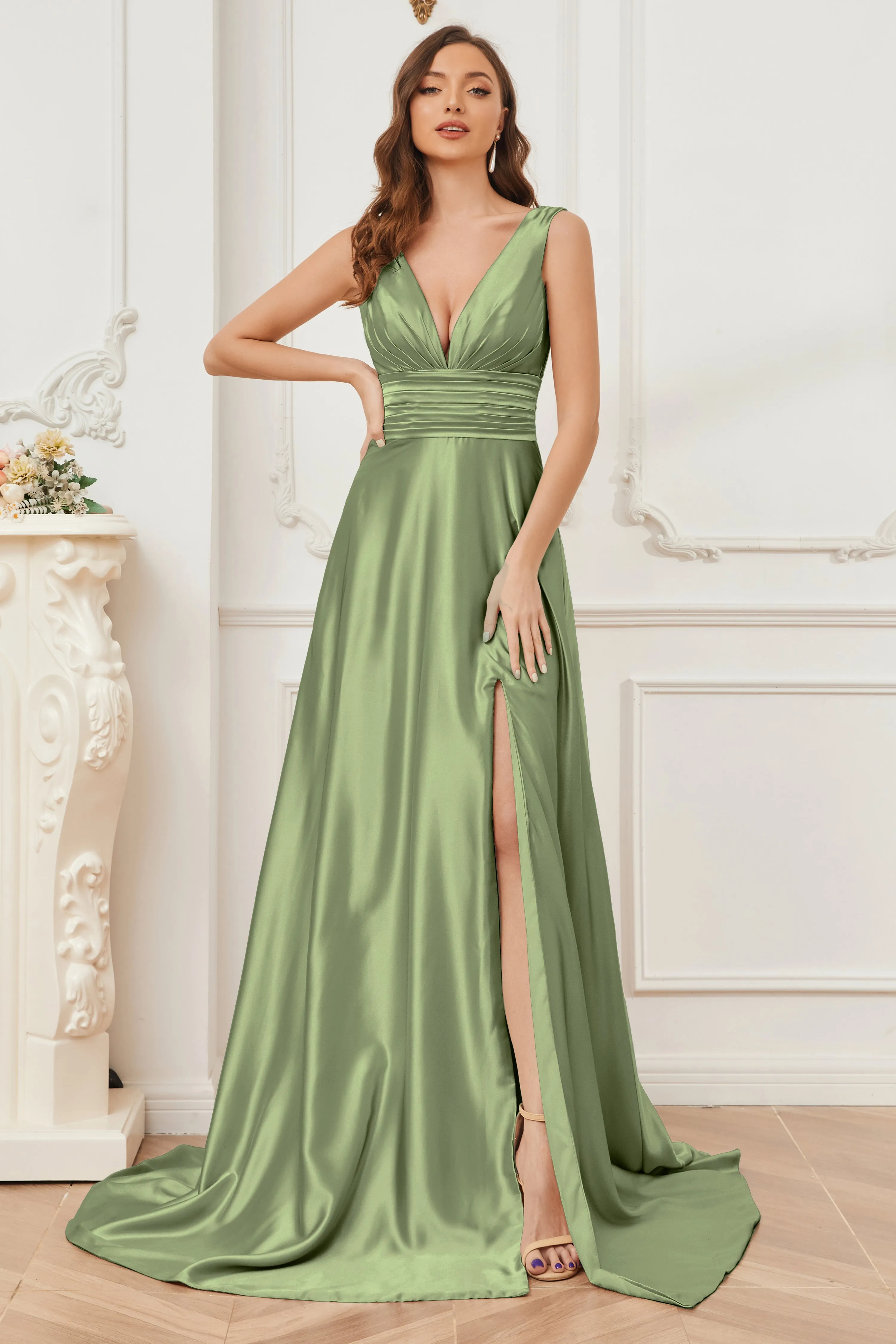 A-line V-neck Sleeveless Soft Satin Long Bridesmaid Dress