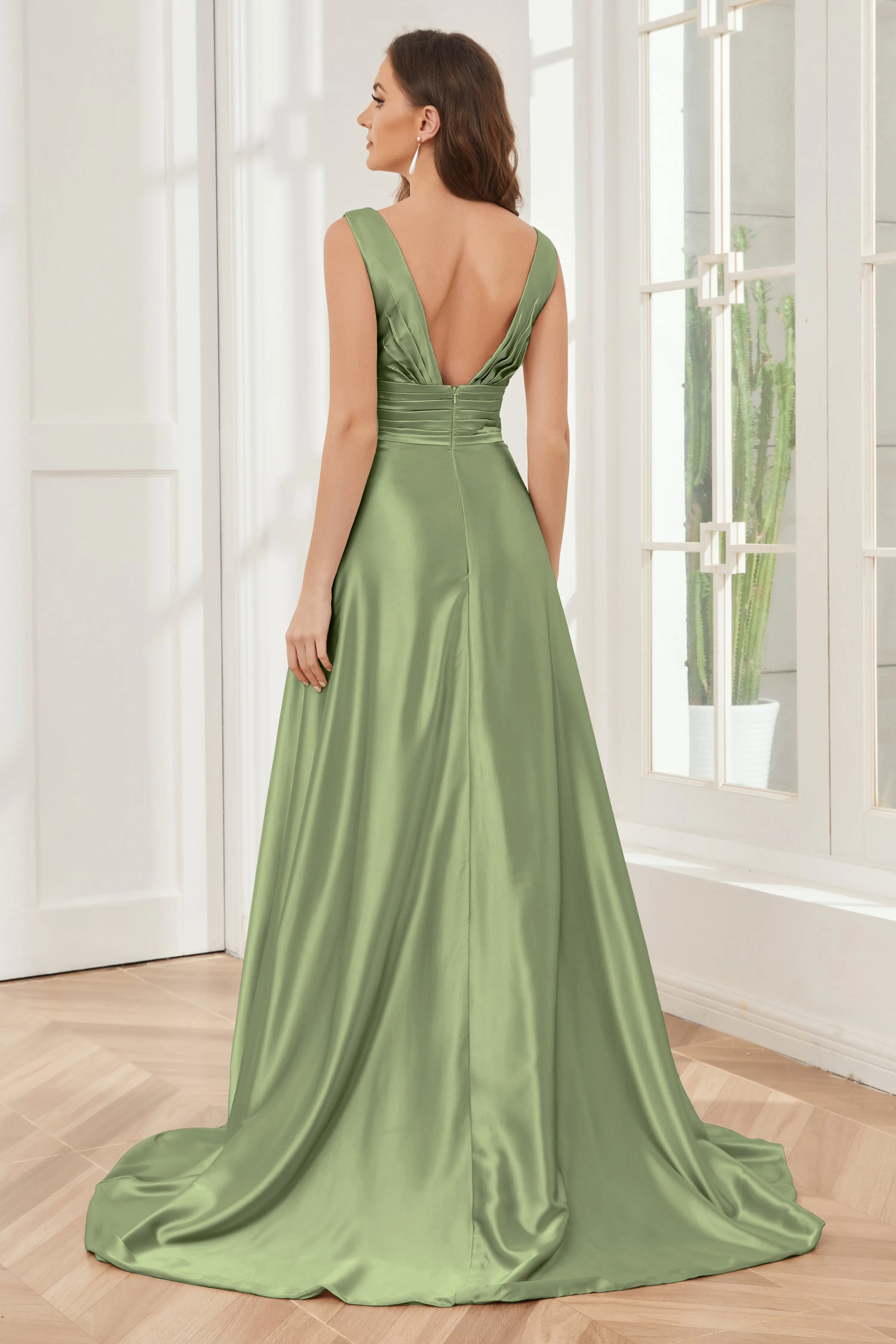 A-line V-neck Sleeveless Soft Satin Long Bridesmaid Dress