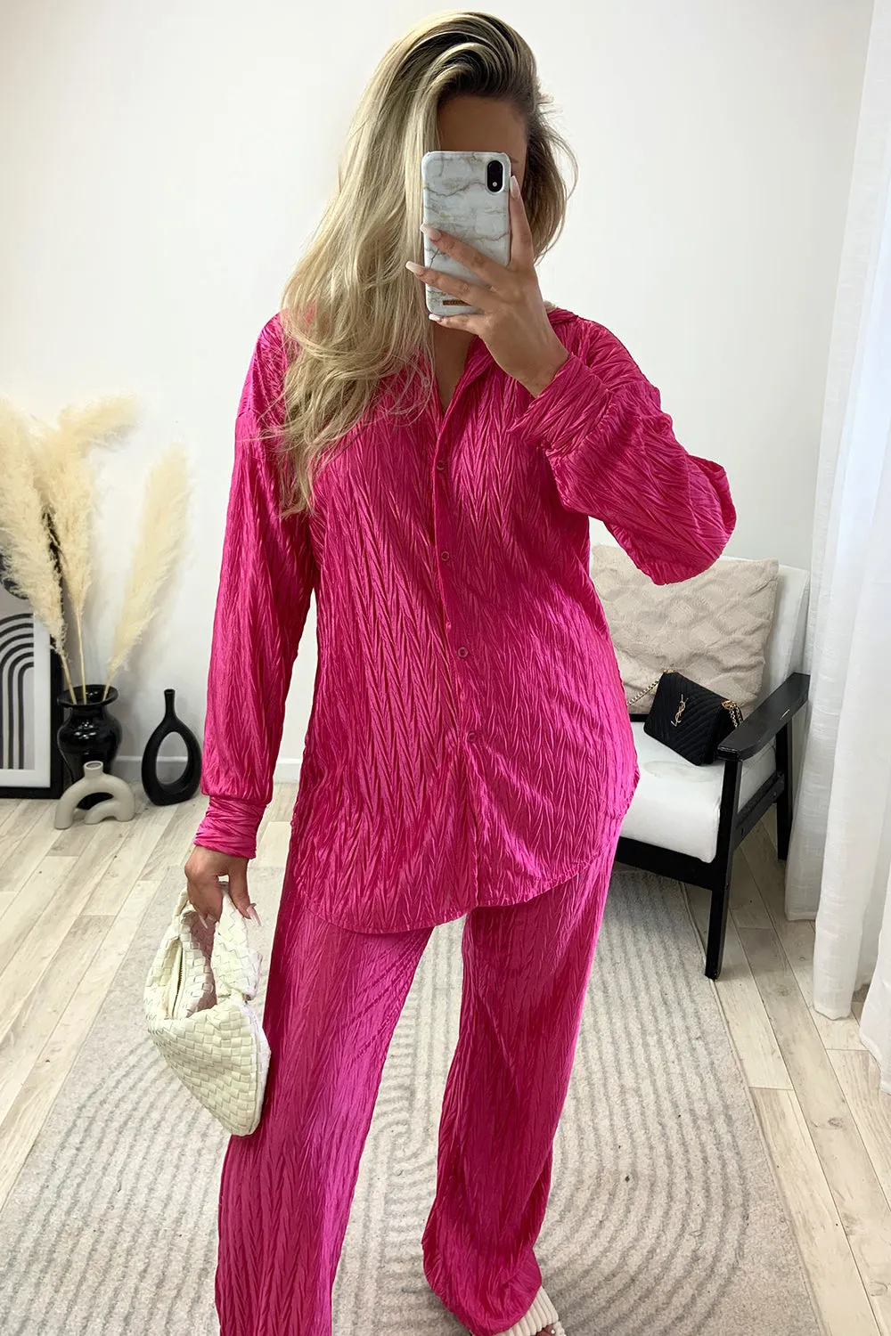 Amya Pink Textured Plisse Oversized Shirt and Trouser Co-Ord Set