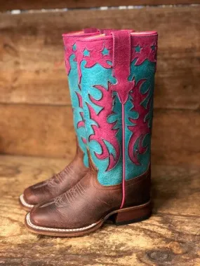 Anderson Bean Children Macie Bean Pink & Turquoise Star Square Toe Western Boots MK9096