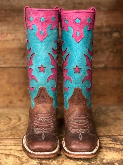 Anderson Bean Children Macie Bean Pink & Turquoise Star Square Toe Western Boots MK9096