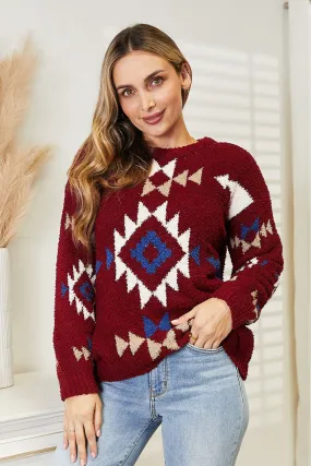 Aztec Soft Fuzzy Sweater in Wine