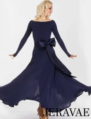 Ballroom Practice Dress with Contrasting Belt and Bow, Long Sleeves, and Soft Hem Sizes S-2XL PRA 292