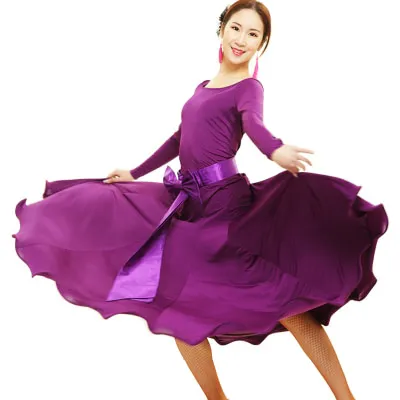 Ballroom Practice Dress with Contrasting Belt and Bow, Long Sleeves, and Soft Hem Sizes S-2XL PRA 292