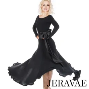 Ballroom Practice Dress with Contrasting Belt and Bow, Long Sleeves, and Soft Hem Sizes S-2XL PRA 292