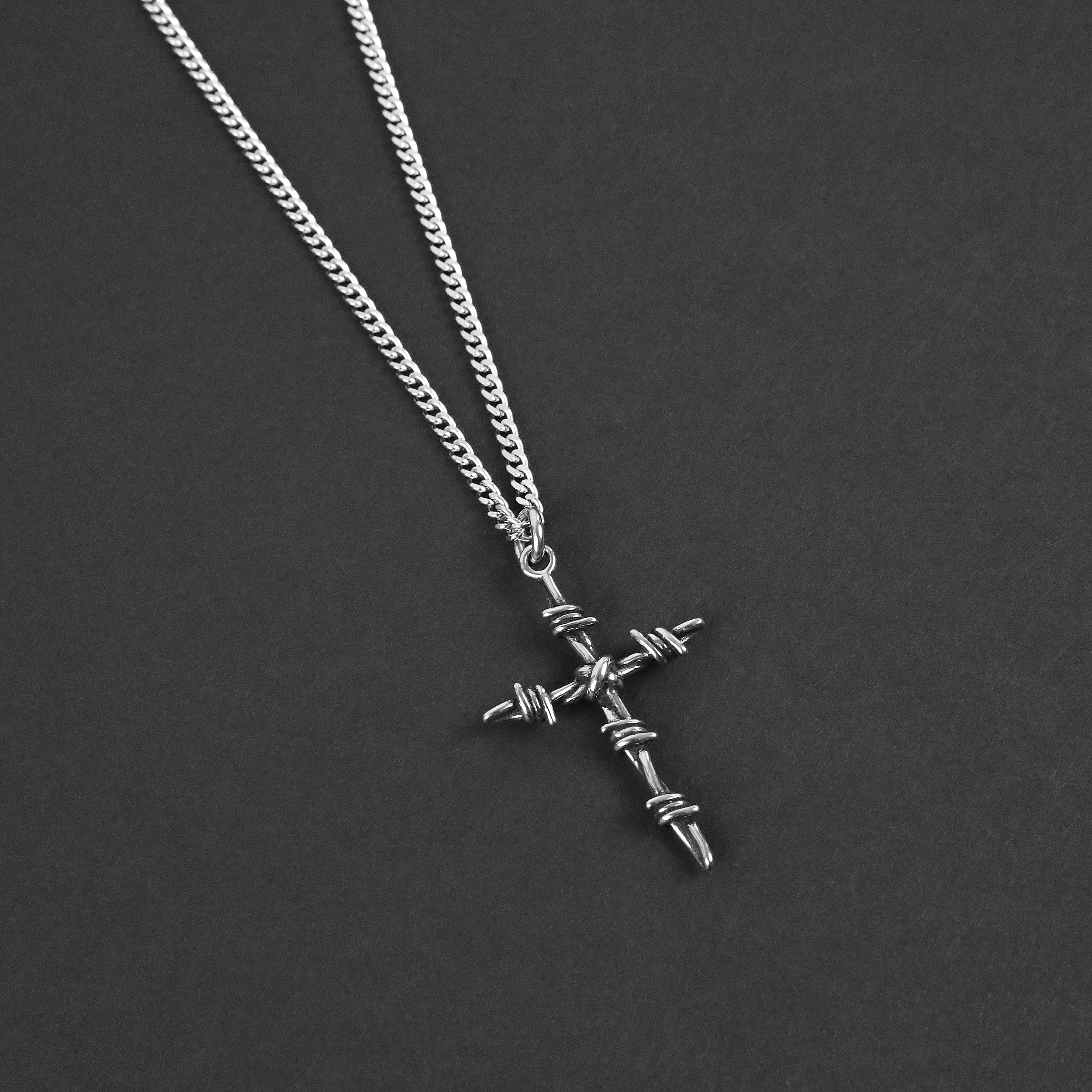 Barbed Wire Cross Necklace - Silver