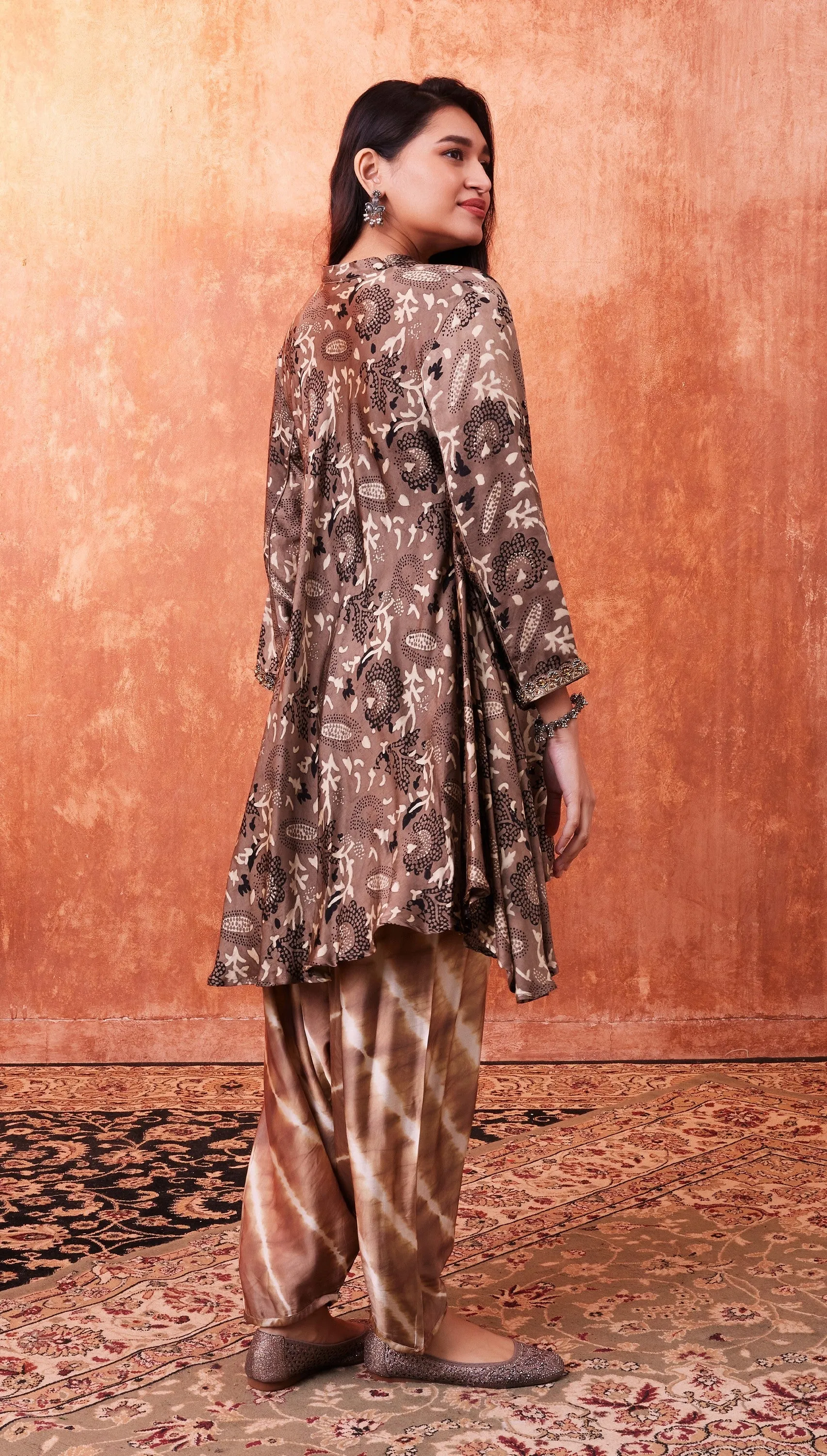 Beige Ajrakh Printed Habutai Silk Kurta Salwar Set