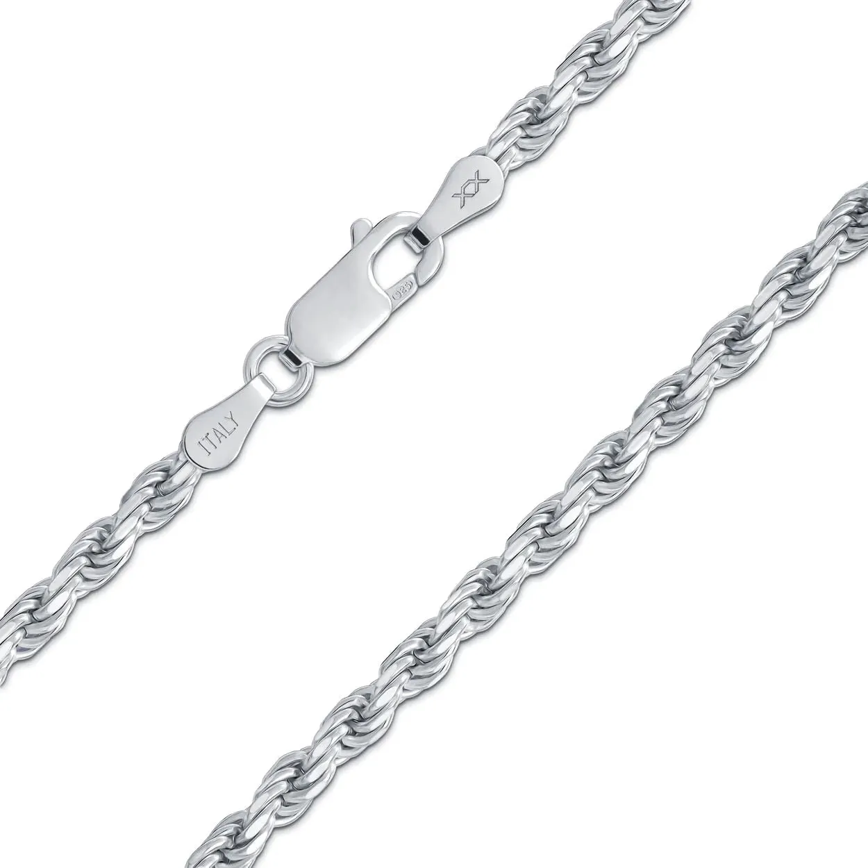 Better Jewelry 2.8mm Rope Diamond cut Chain Necklace .925 Sterling Silver w. Rhodium plate