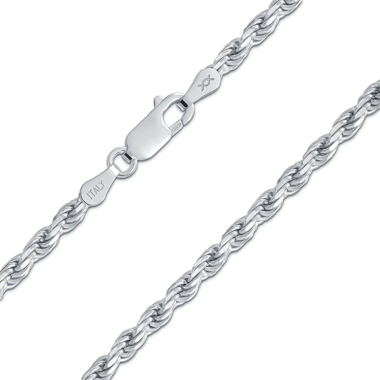 Better Jewelry 4.8mm Rope Diamond cut Chain Necklace .925 Sterling Silver w. Rhodium plate