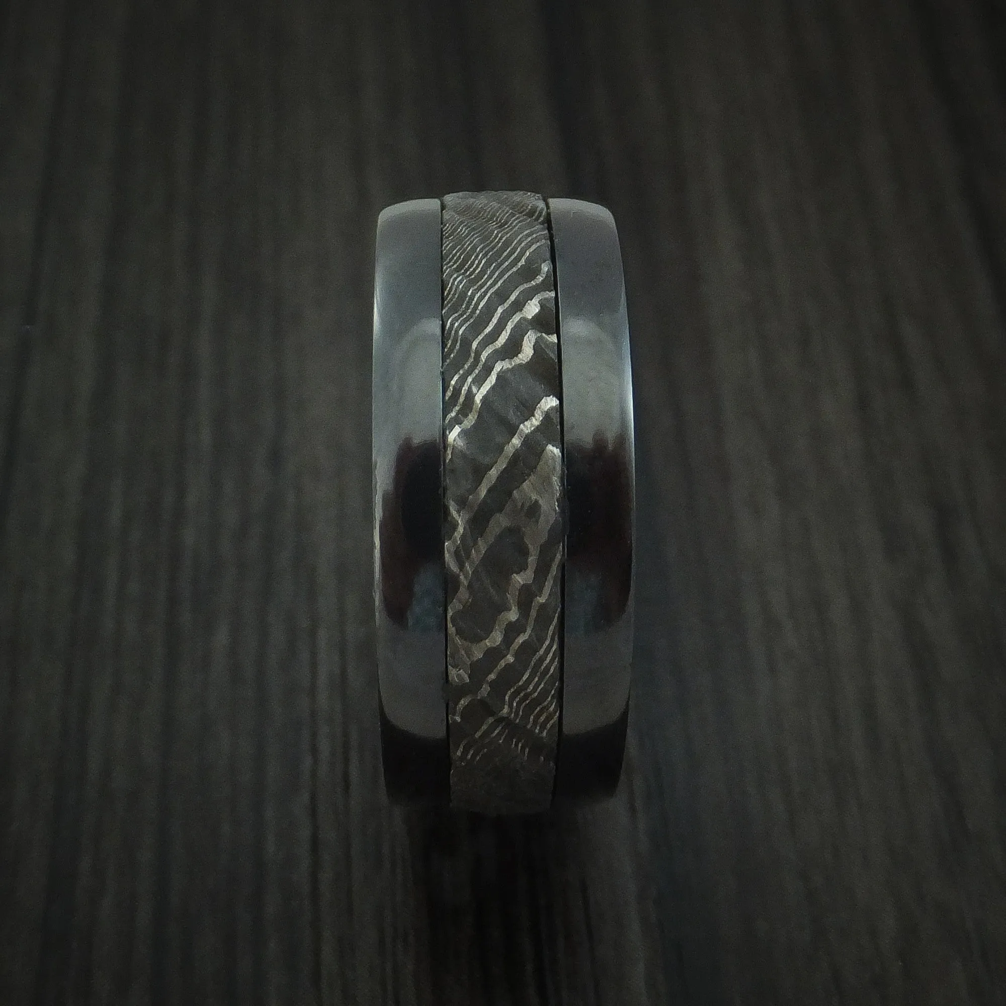 Black Titanium and Damascus Steel Men's Ring with Tree Bark Carved Finish and Walnut Hardwood Sleeve Custom Made Band