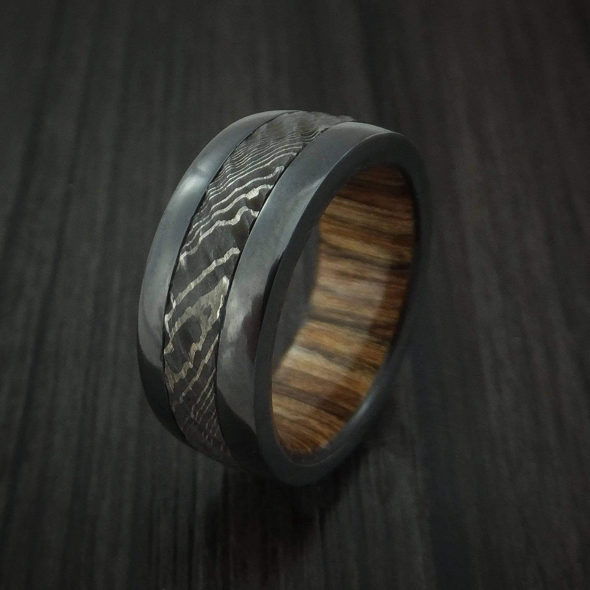 Black Titanium and Damascus Steel Men's Ring with Tree Bark Carved Finish and Walnut Hardwood Sleeve Custom Made Band