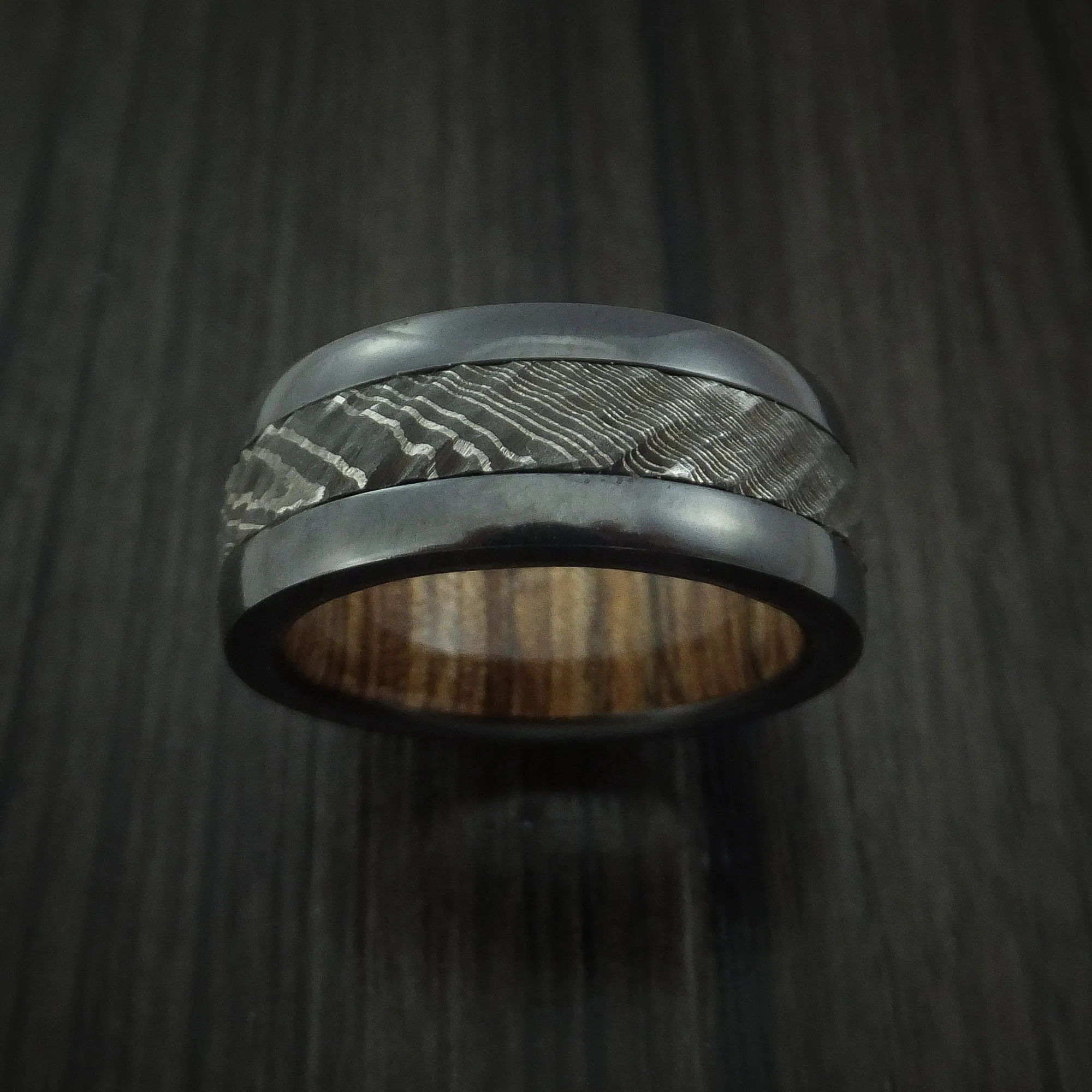 Black Titanium and Damascus Steel Men's Ring with Tree Bark Carved Finish and Walnut Hardwood Sleeve Custom Made Band