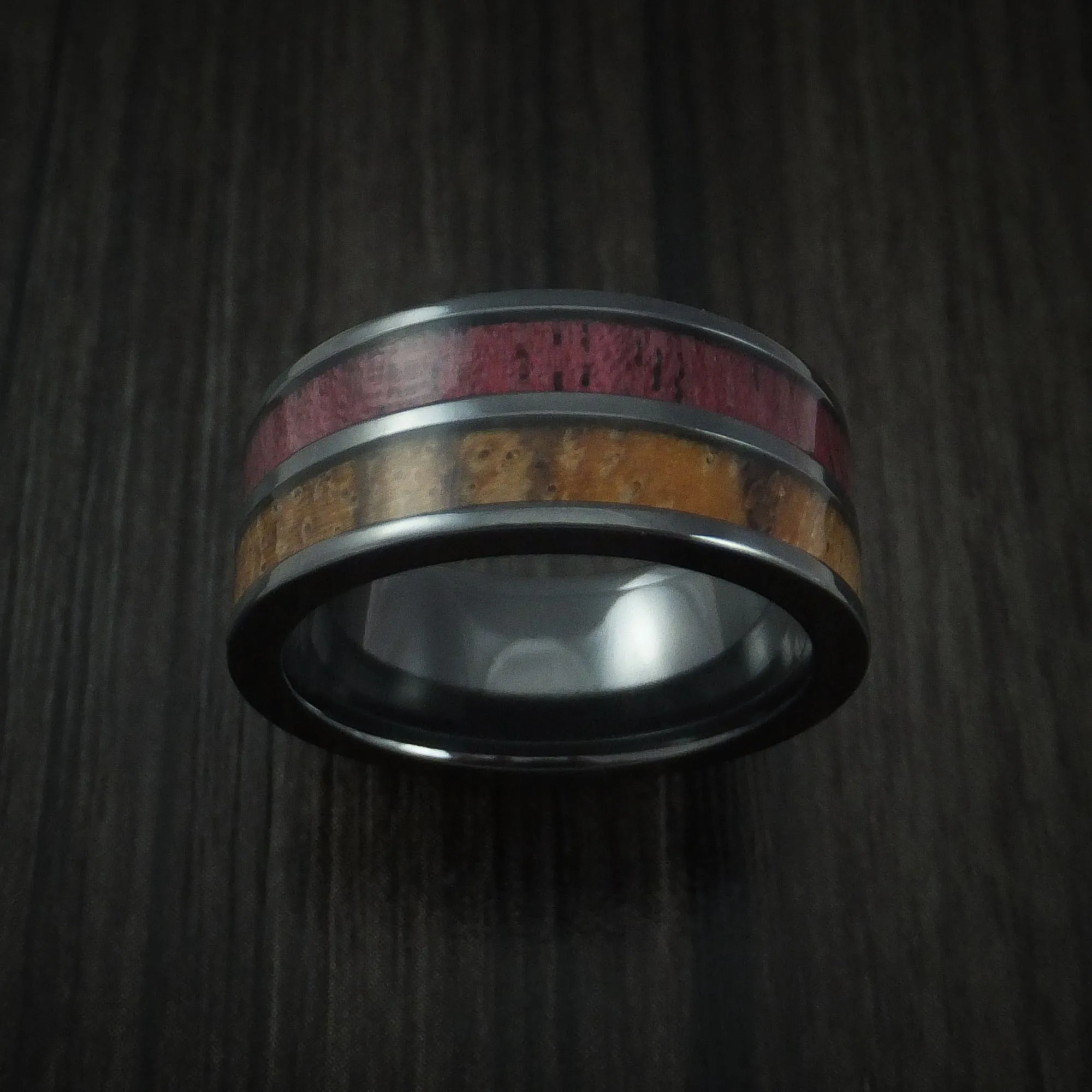 Black Titanium Men's Ring inlaid with Purple Heart Wood and Zebra Wood Custom Made