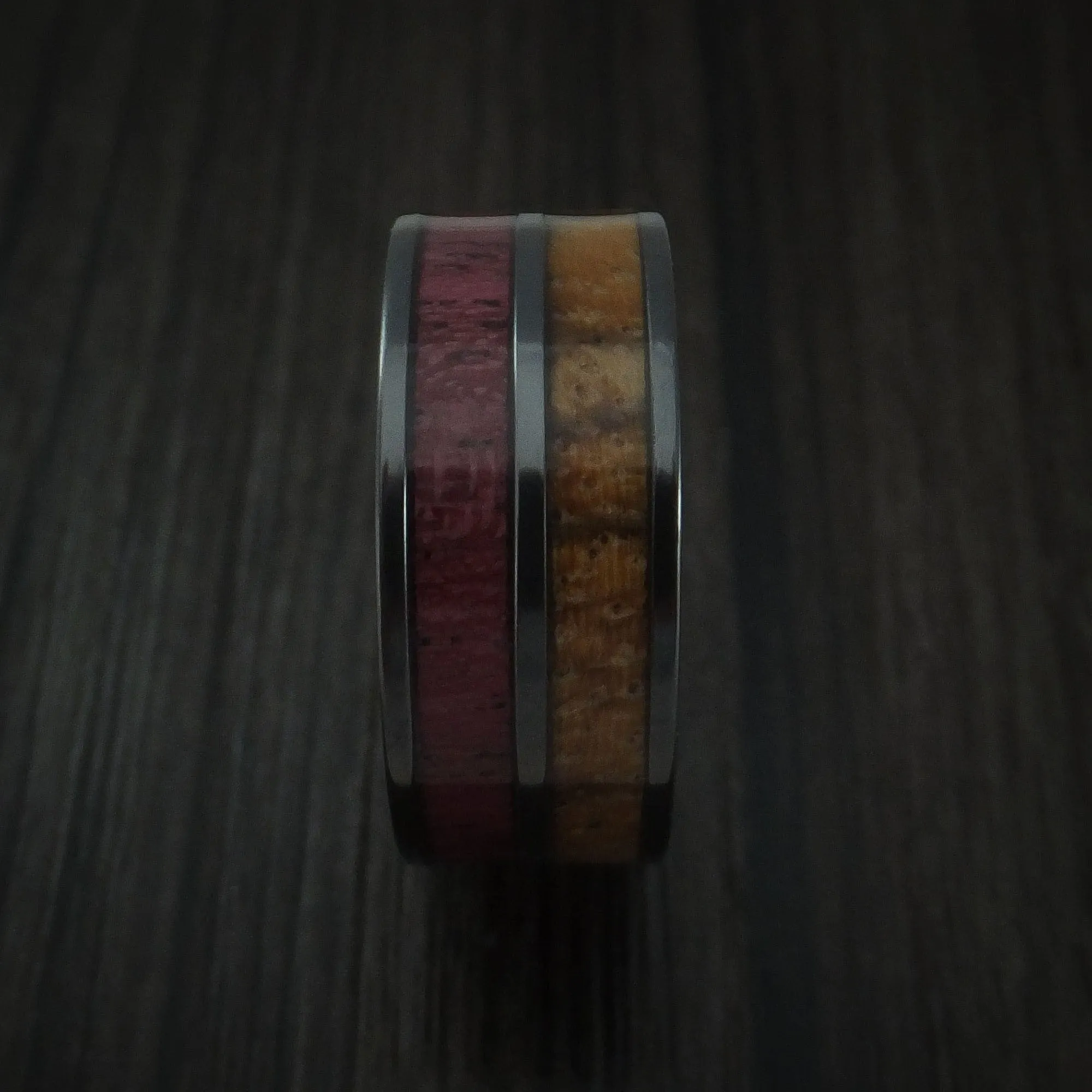 Black Titanium Men's Ring inlaid with Purple Heart Wood and Zebra Wood Custom Made