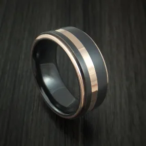 Black Titanium Men's Ring with 14K Rose Gold Edges and Inlay Custom Made Band