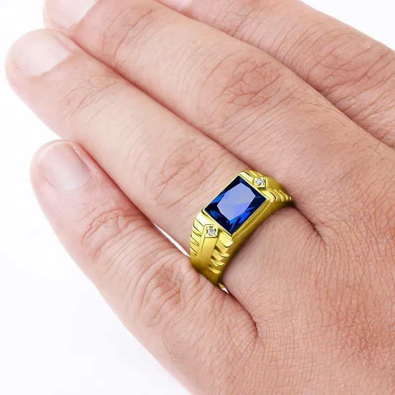 Blue Sapphire with DIAMOND Accents in 18K Solid Yellow Gold Men's Ring