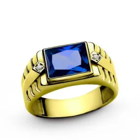 Blue Sapphire with DIAMOND Accents in 18K Solid Yellow Gold Men's Ring