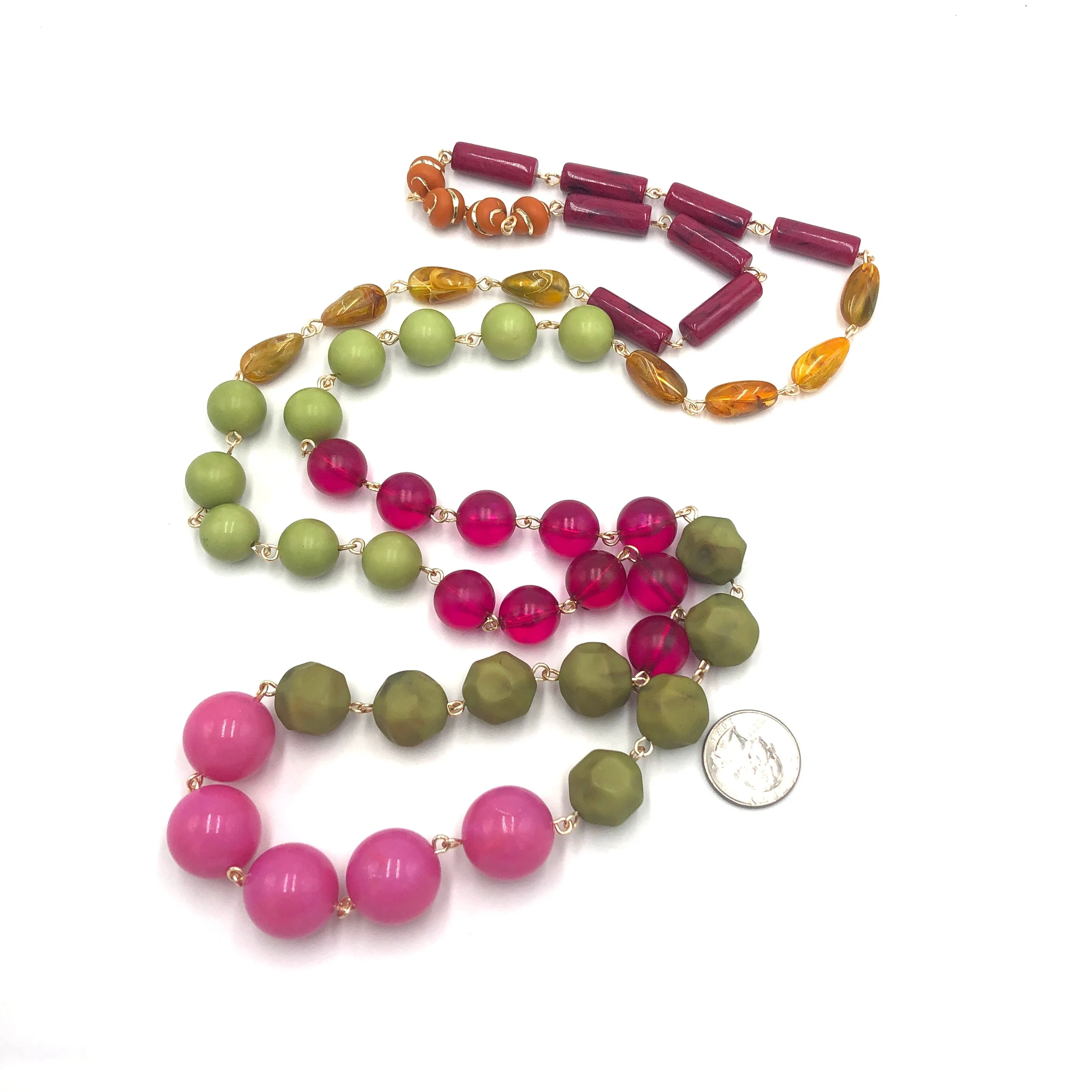 Bright Pink & Olive Green Rosary Rope Necklace