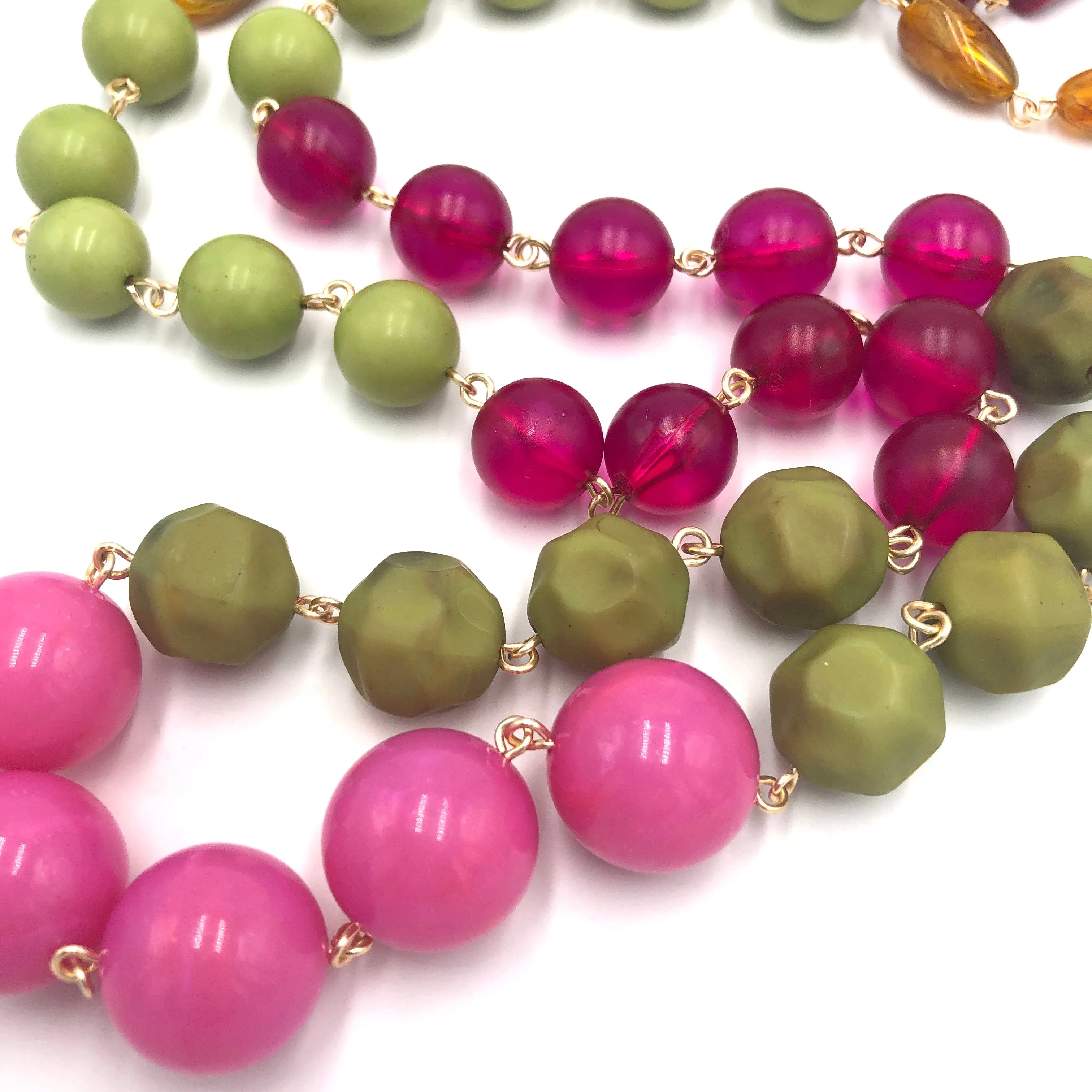 Bright Pink & Olive Green Rosary Rope Necklace