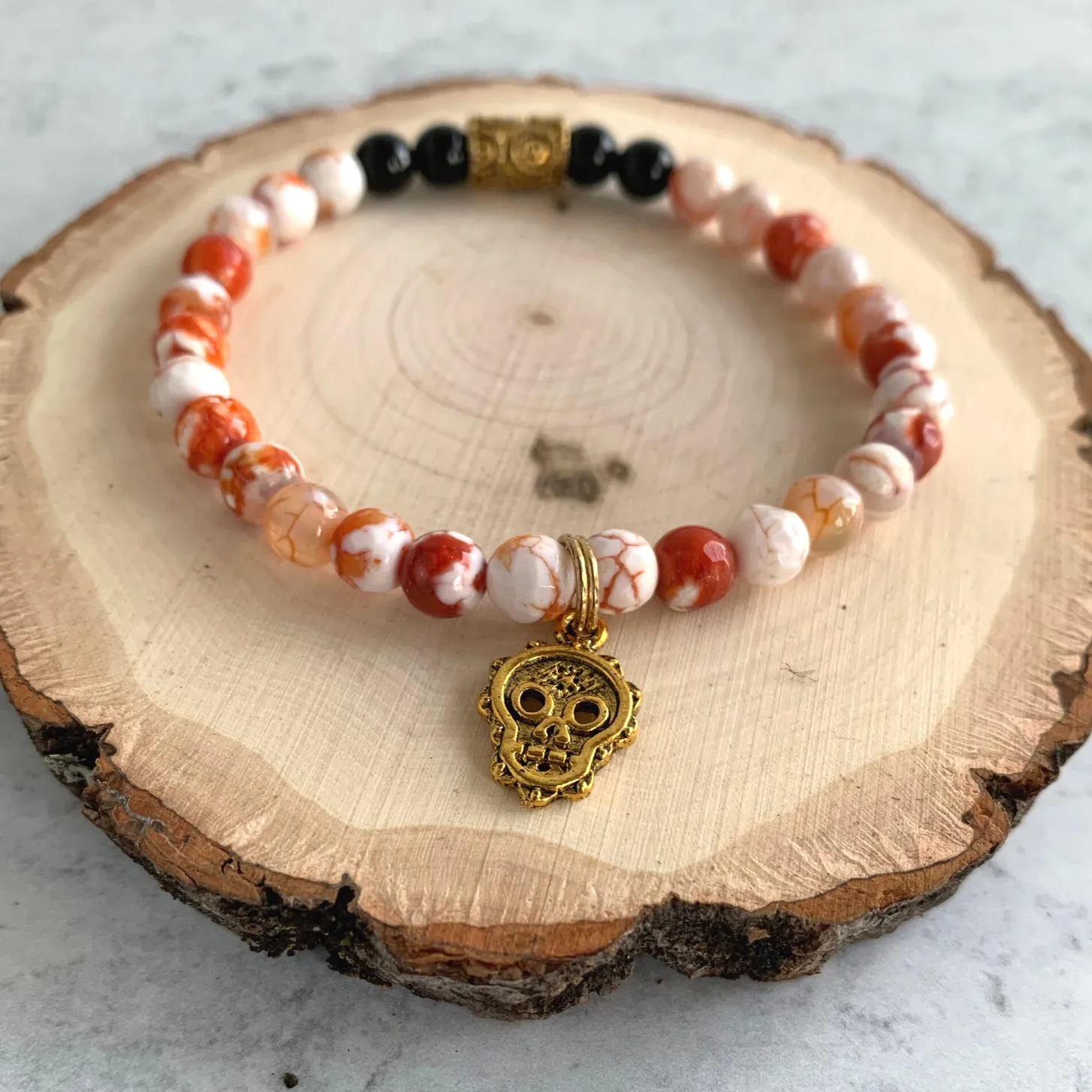 Burnt Orange Agate Gemstone Bracelet with Skull Charm