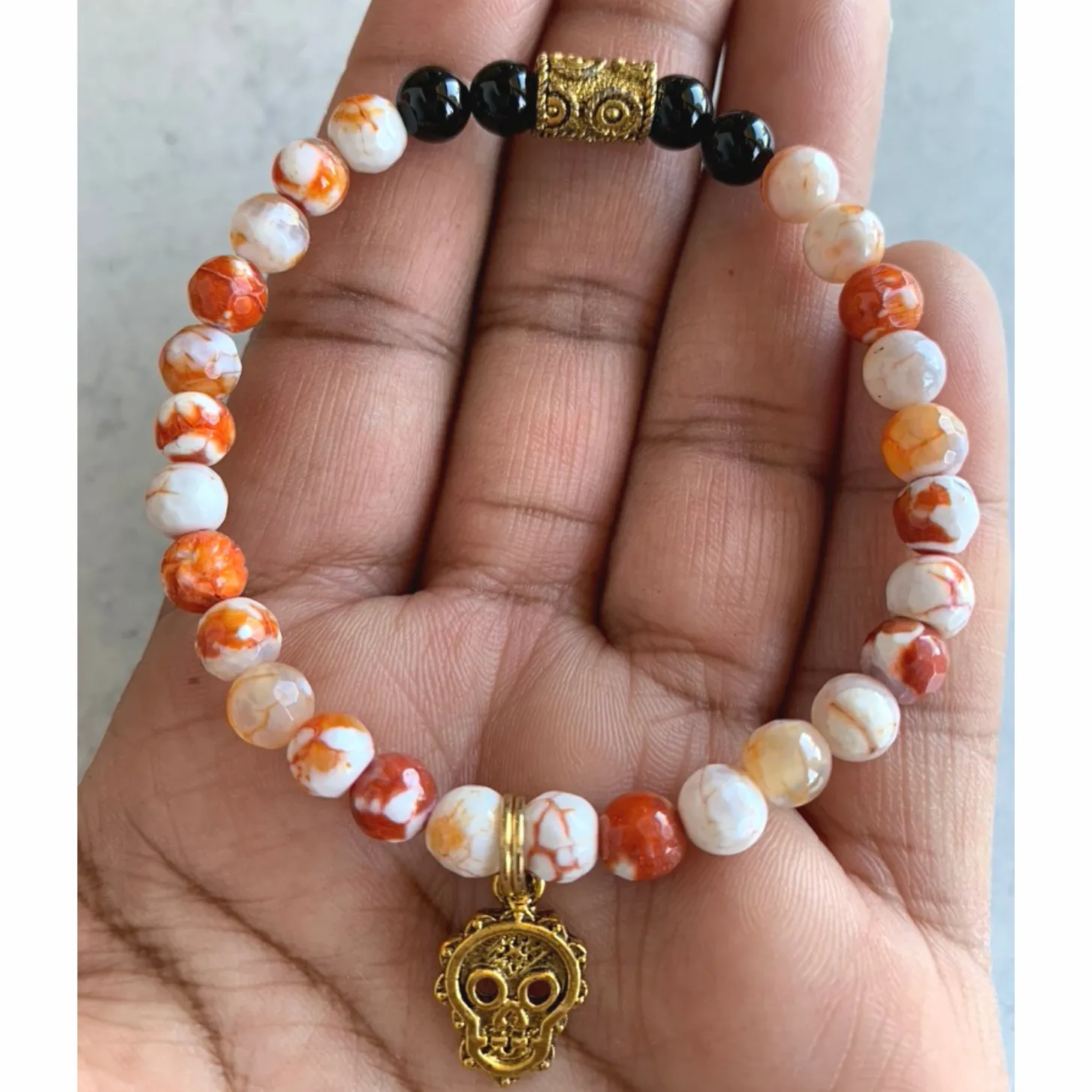 Burnt Orange Agate Gemstone Bracelet with Skull Charm