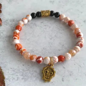 Burnt Orange Agate Gemstone Bracelet with Skull Charm