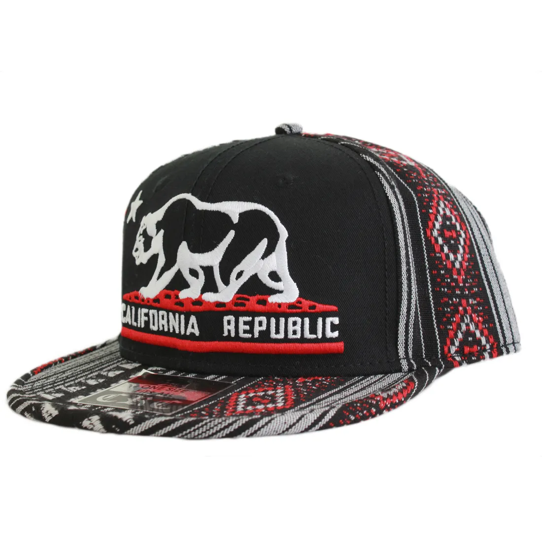 California Republic Embroidered Bear Flag Flat Bill Snapback Hat - Aztec Tribal Pattern