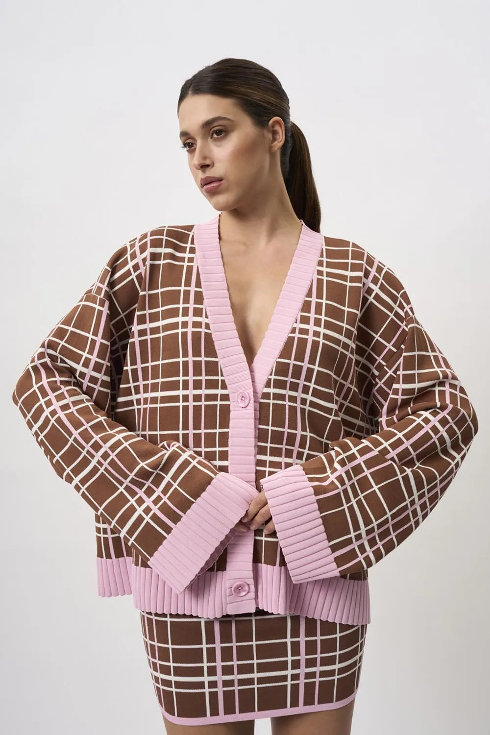 Carolina Check Knit Cardi - Brown Pink