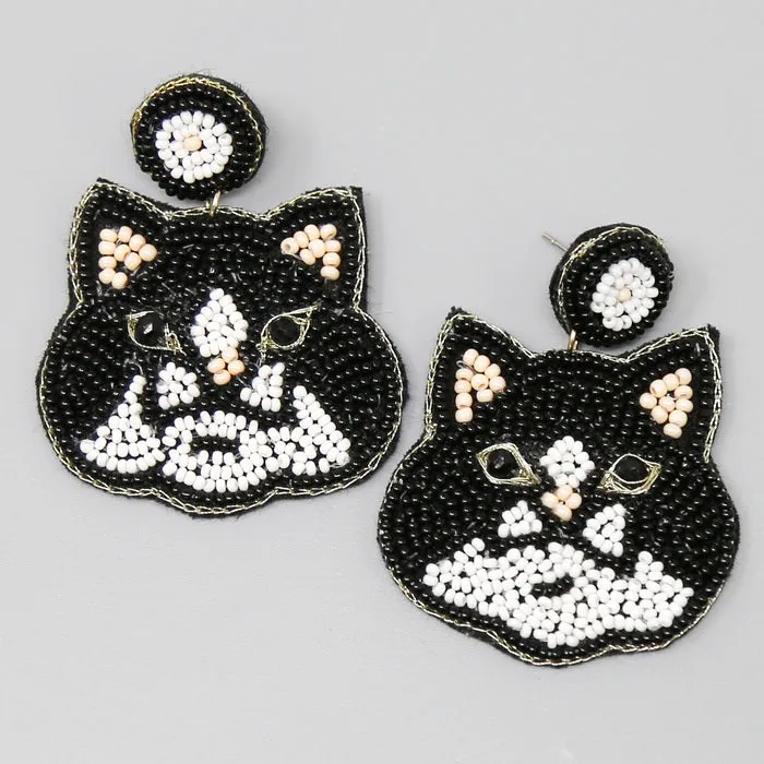 Cat Seed Beaded Drop Earrings