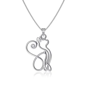 Cat Silhouette Pendant Necklace - Silver