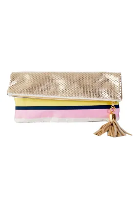 Cece Gold Perforated Reversible to Rainbow Silk Foldover Clutch