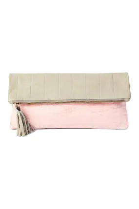 Cece Grey Embossed leather Reversible to Metallic Silver Pink Linen Foldover Clutch