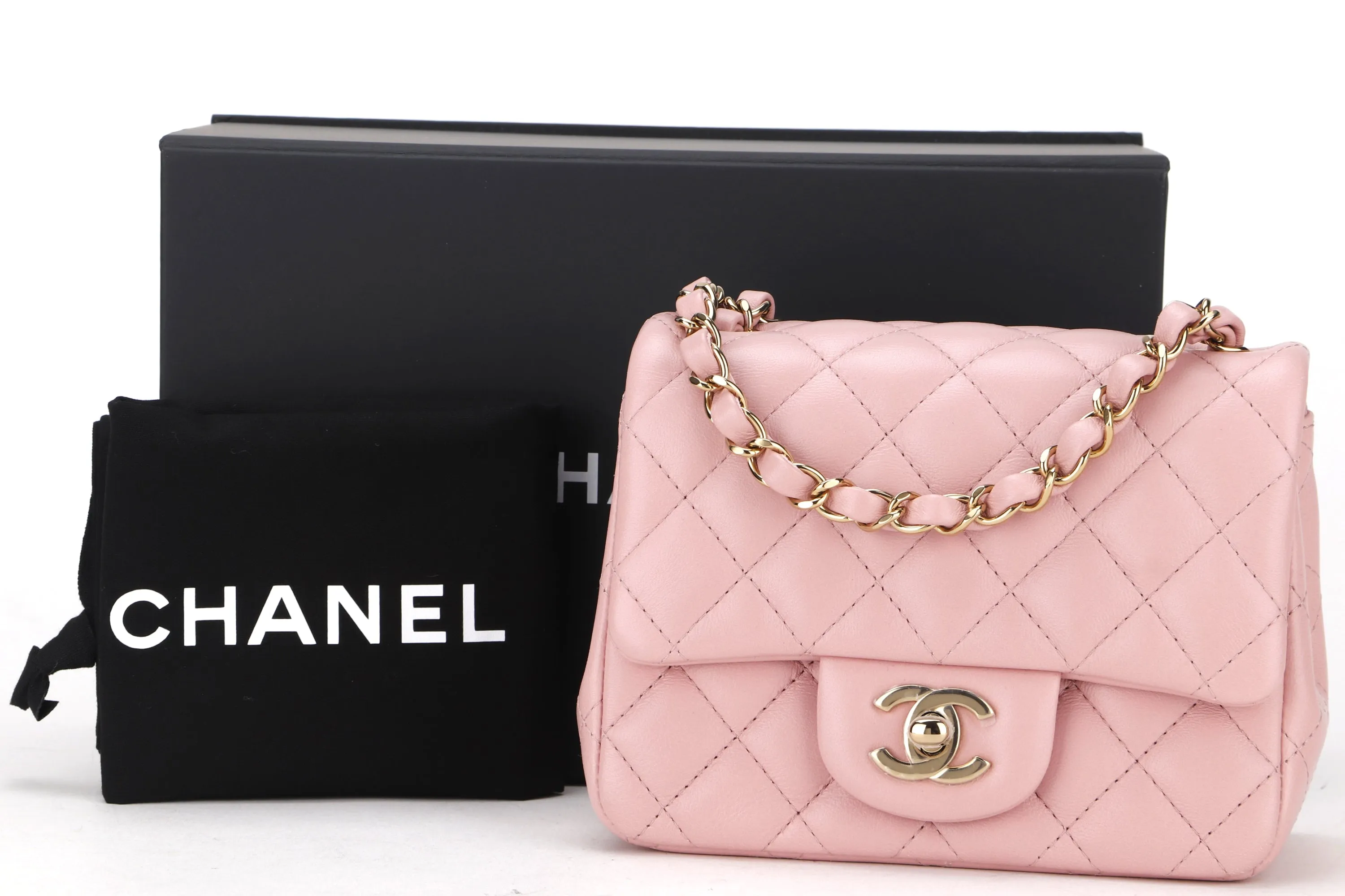 CHANEL CLASSIC MINI SQUARE (LPTUxxxx) POWDER PINK CALF LEATHER LIGHT GOLD HARDWARE, WITH DUST COVER & BOX