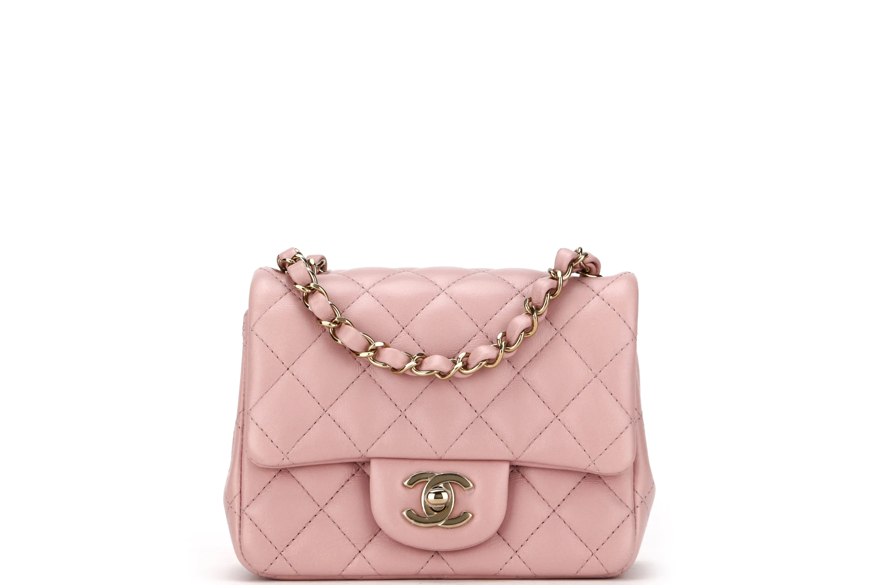 CHANEL CLASSIC MINI SQUARE (LPTUxxxx) POWDER PINK CALF LEATHER LIGHT GOLD HARDWARE, WITH DUST COVER & BOX