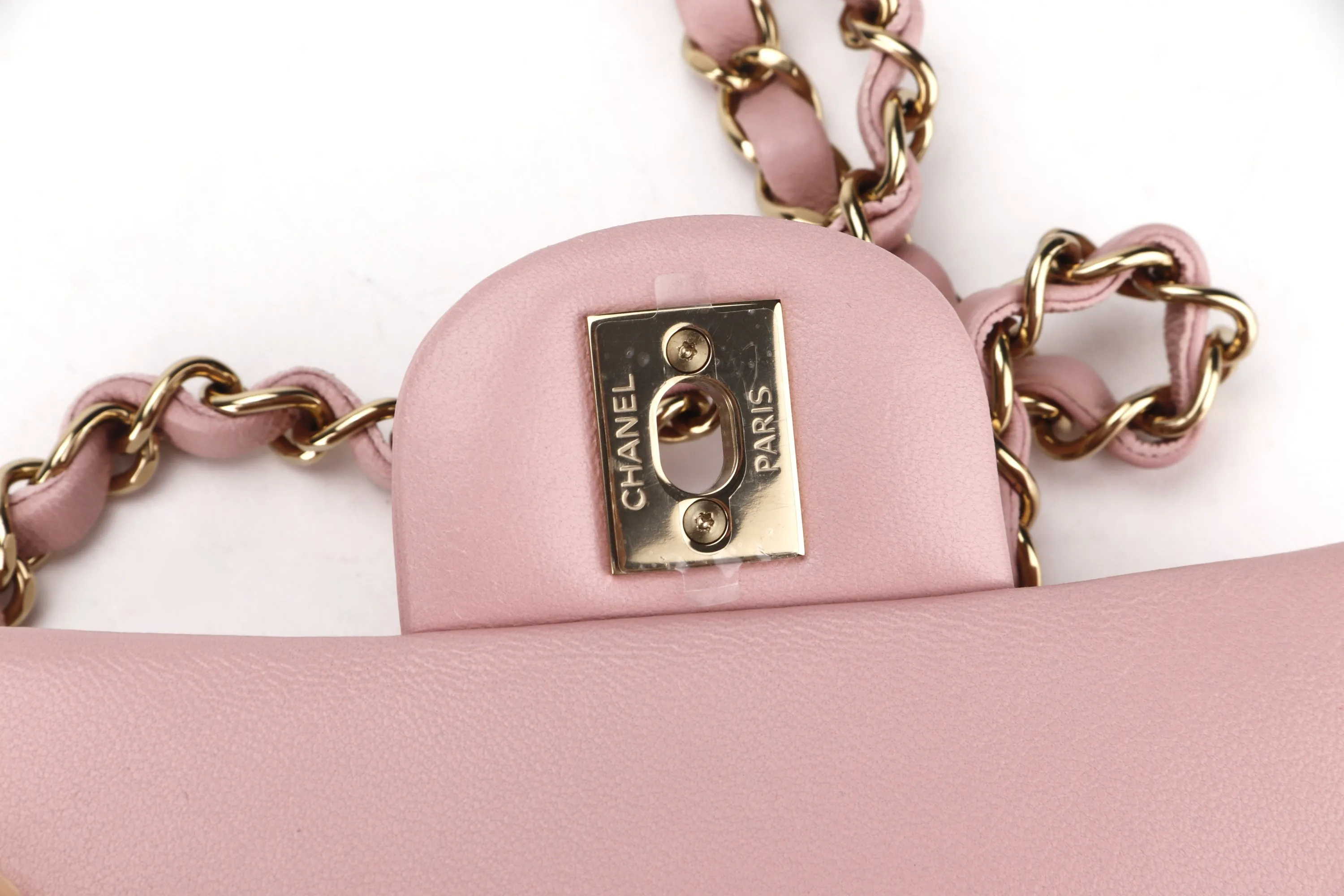 CHANEL CLASSIC MINI SQUARE (LPTUxxxx) POWDER PINK CALF LEATHER LIGHT GOLD HARDWARE, WITH DUST COVER & BOX