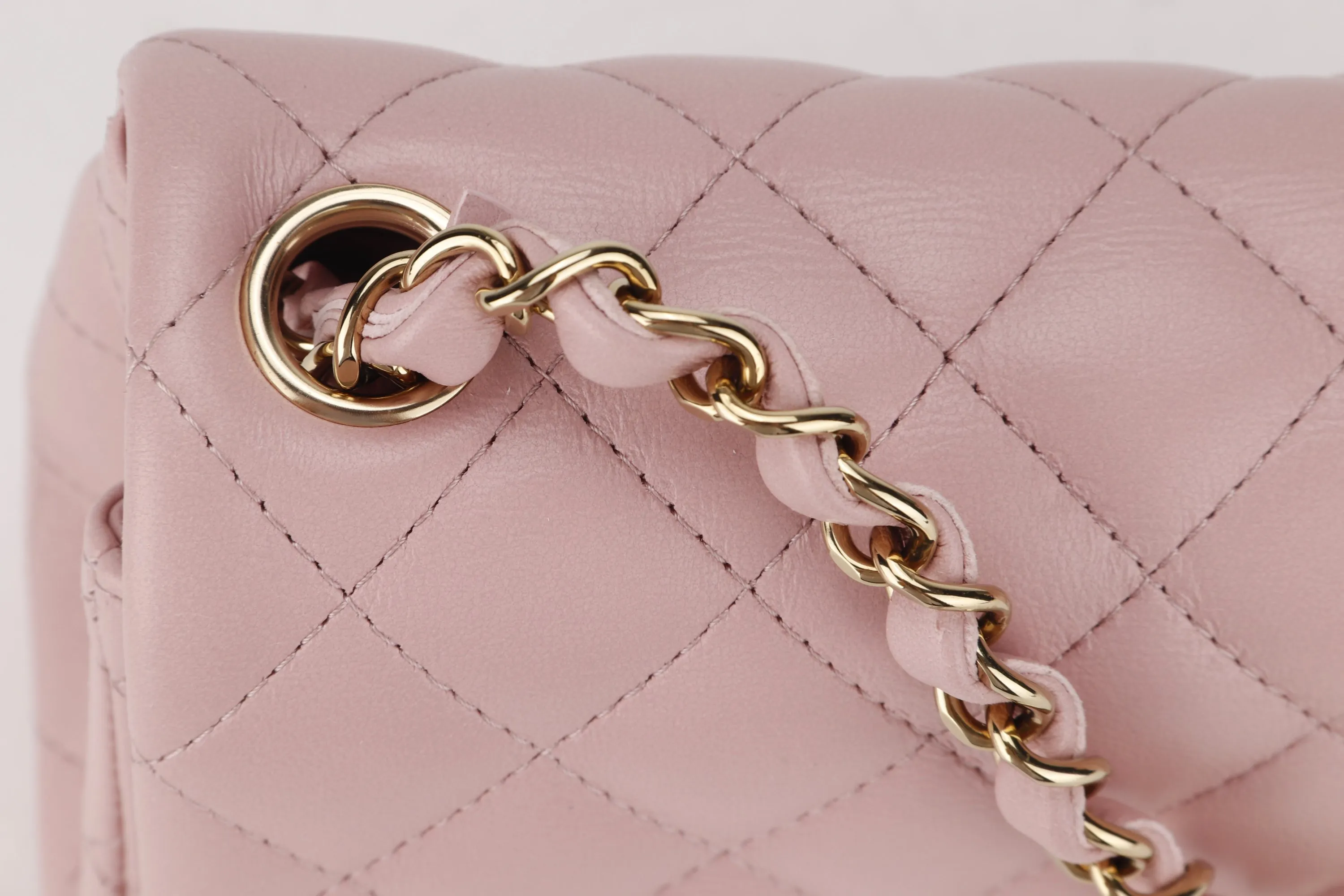 CHANEL CLASSIC MINI SQUARE (LPTUxxxx) POWDER PINK CALF LEATHER LIGHT GOLD HARDWARE, WITH DUST COVER & BOX