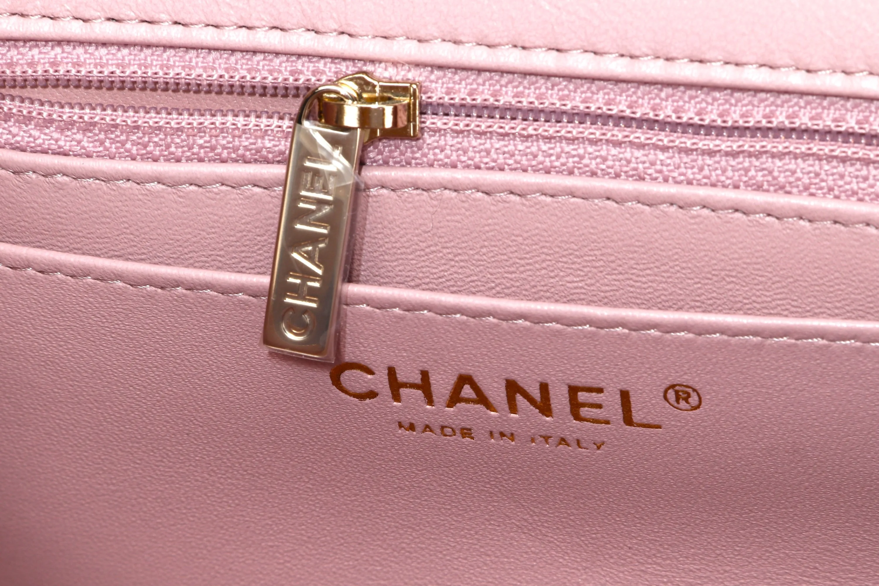 CHANEL CLASSIC MINI SQUARE (LPTUxxxx) POWDER PINK CALF LEATHER LIGHT GOLD HARDWARE, WITH DUST COVER & BOX