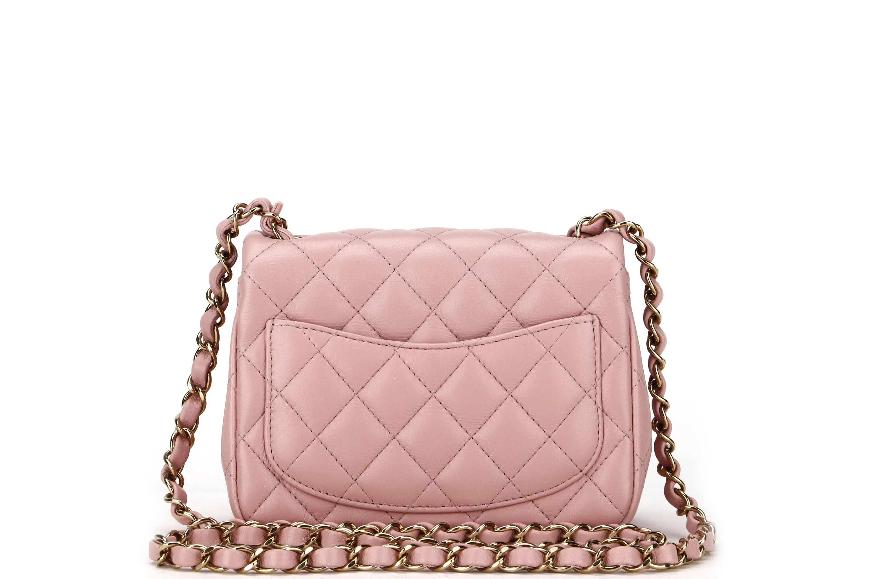 CHANEL CLASSIC MINI SQUARE (LPTUxxxx) POWDER PINK CALF LEATHER LIGHT GOLD HARDWARE, WITH DUST COVER & BOX