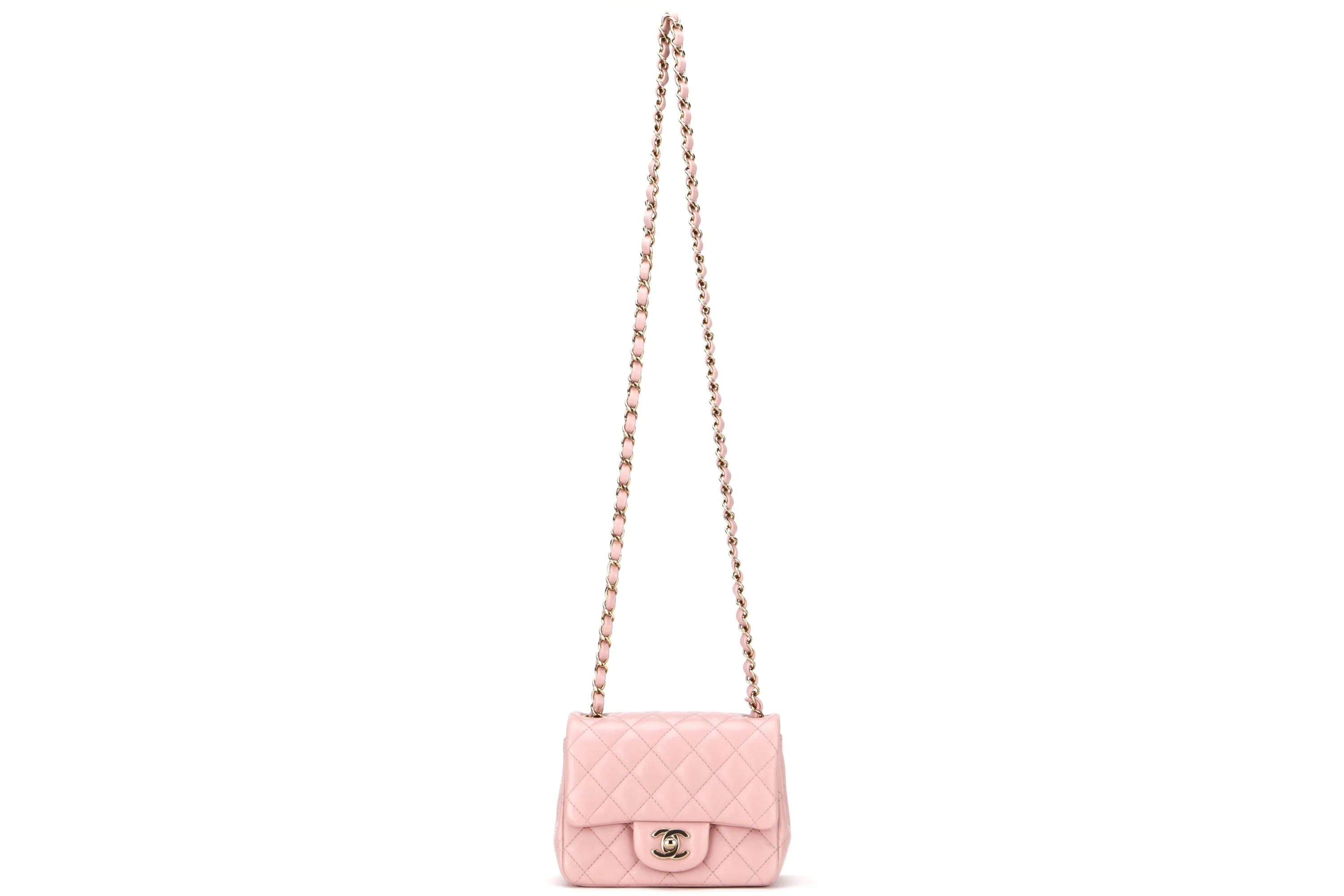 CHANEL CLASSIC MINI SQUARE (LPTUxxxx) POWDER PINK CALF LEATHER LIGHT GOLD HARDWARE, WITH DUST COVER & BOX