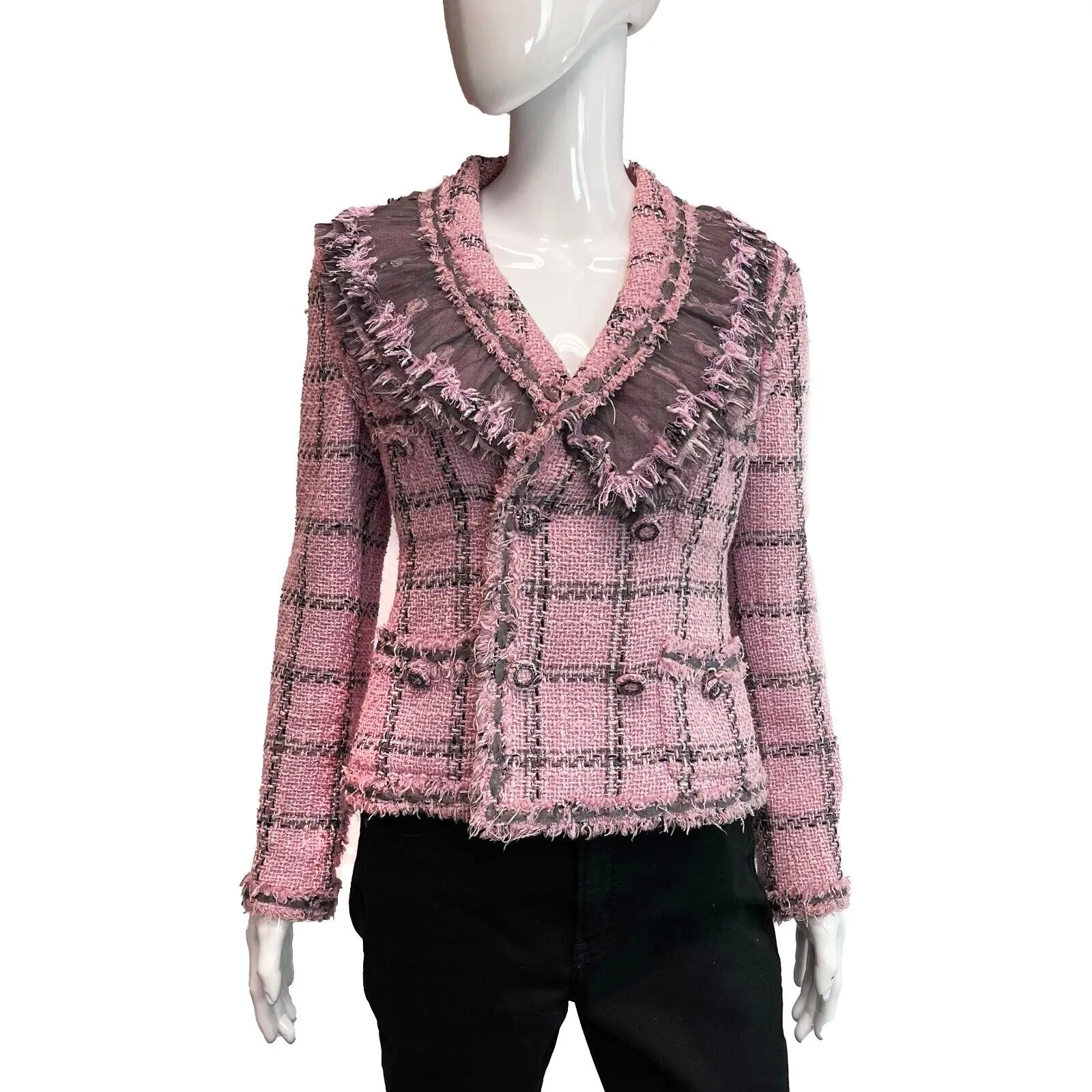 Chanel Excellent 08a Lesage Tweed Plaid Blazer Pink Fringed Jacket 42 US 10