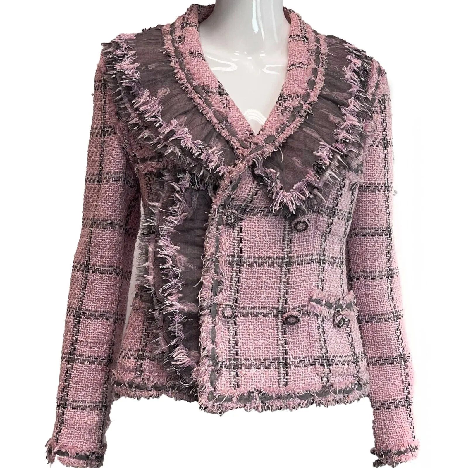 Chanel Excellent 08a Lesage Tweed Plaid Blazer Pink Fringed Jacket 42 US 10