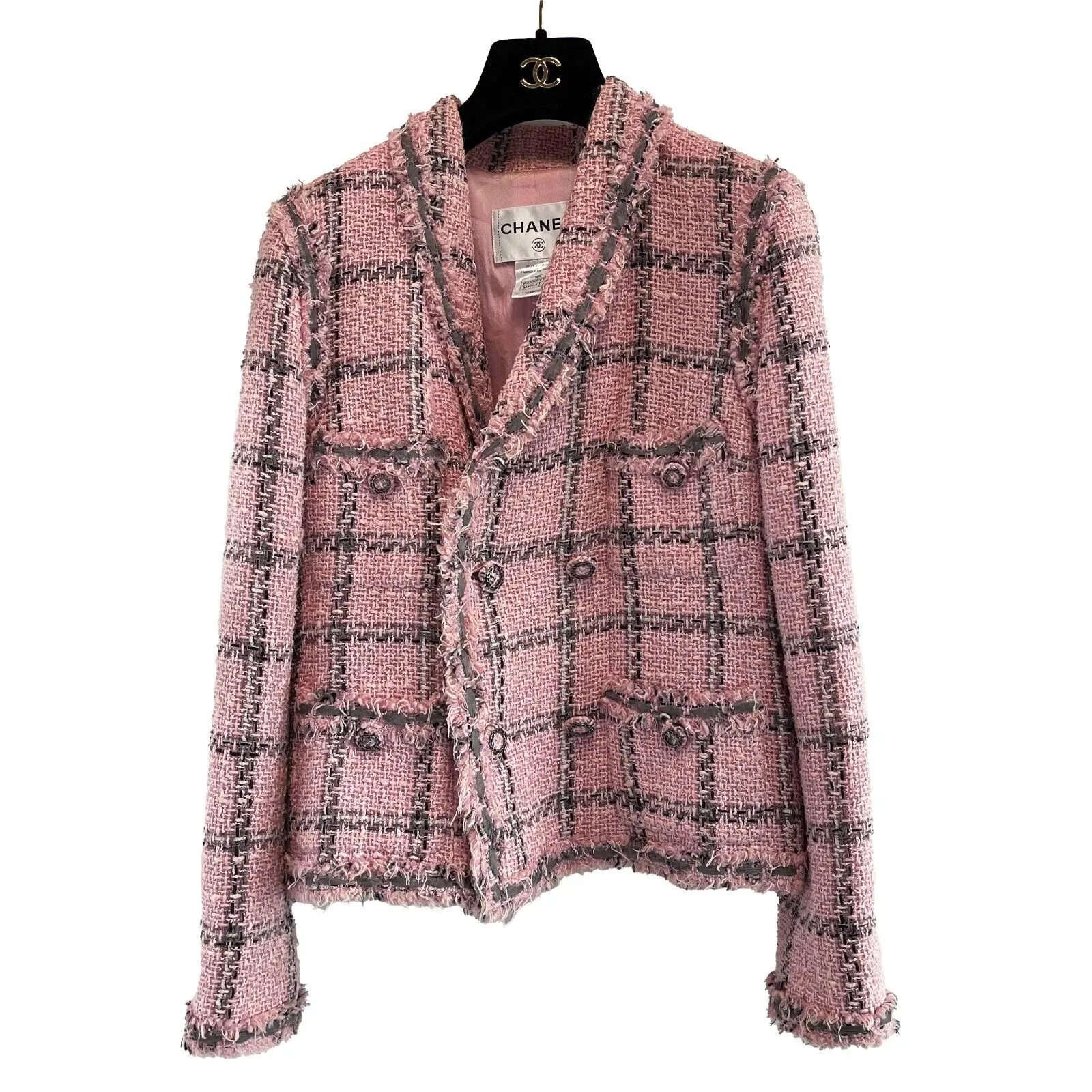 Chanel Excellent 08a Lesage Tweed Plaid Blazer Pink Fringed Jacket 42 US 10